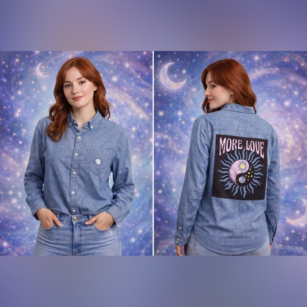 Upcycled MORE LOVE Celestial Moon Graphic Tee On Denim Button Down Shirt Size L